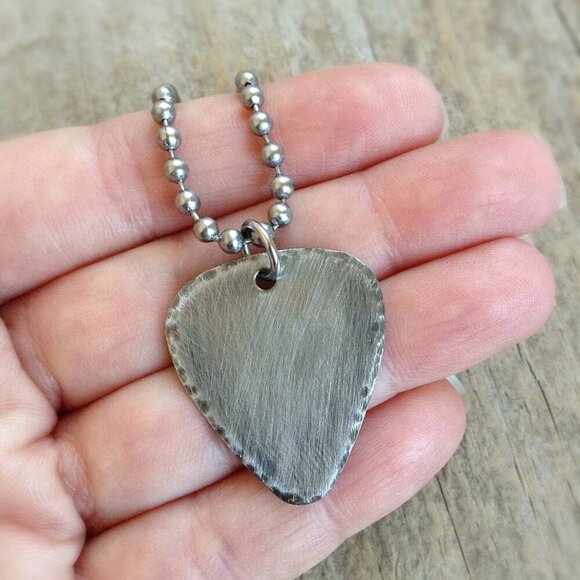 24 INCHES Hammered Edge Stainless Steel Guitar Pick Necklace - Picture 3 of 6